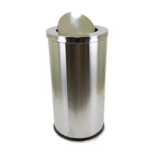[J000637B] LACOT Hotel Lobby Standing Stainless Steel Round Swing Top Lid Trash Bin, Indoor, Outdoor Bin 60L