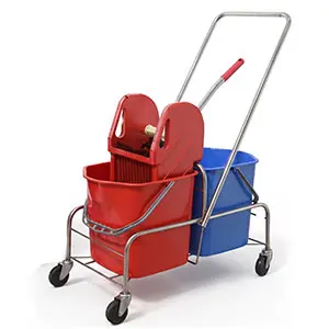 [J002316NRM] DOUBLE MOP BUCKET TROLLEY 2X25L WITH DOWN PRESS ECOLINE MRN STEEL FRAME (RED WRINGER)